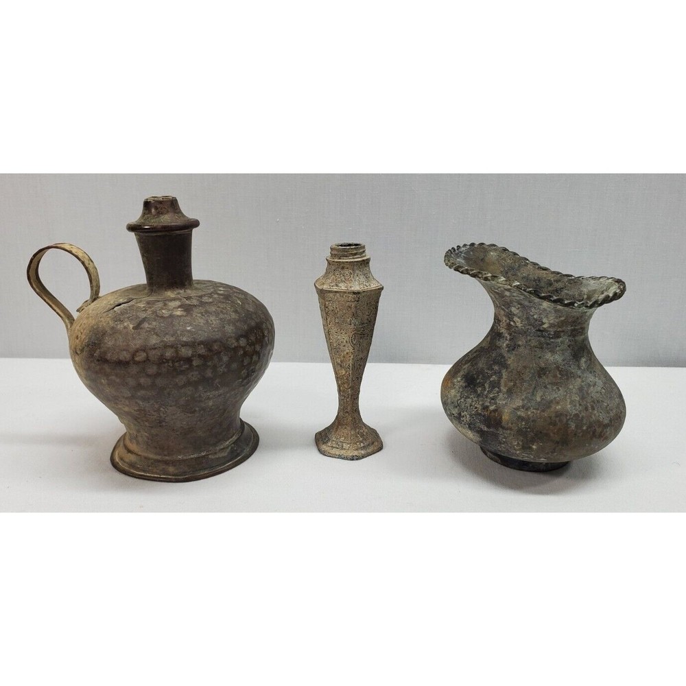 3 Metal Artifacts Brass Copper Pitcher Lotus Blossom Shaker missing top Vintage